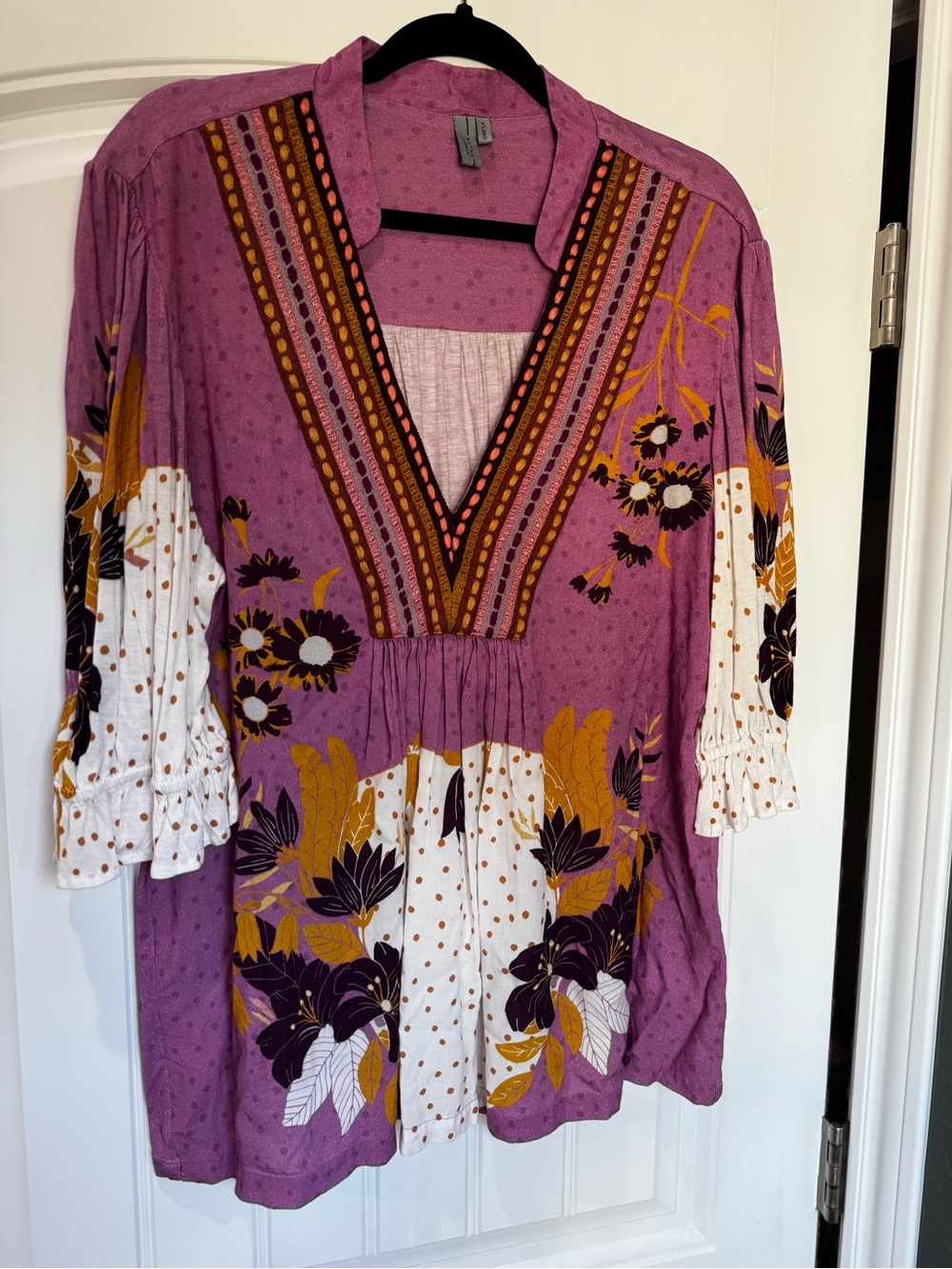 Blank London XL Embroidered Floral Boho Tunic Top Purple V Neck Peasant